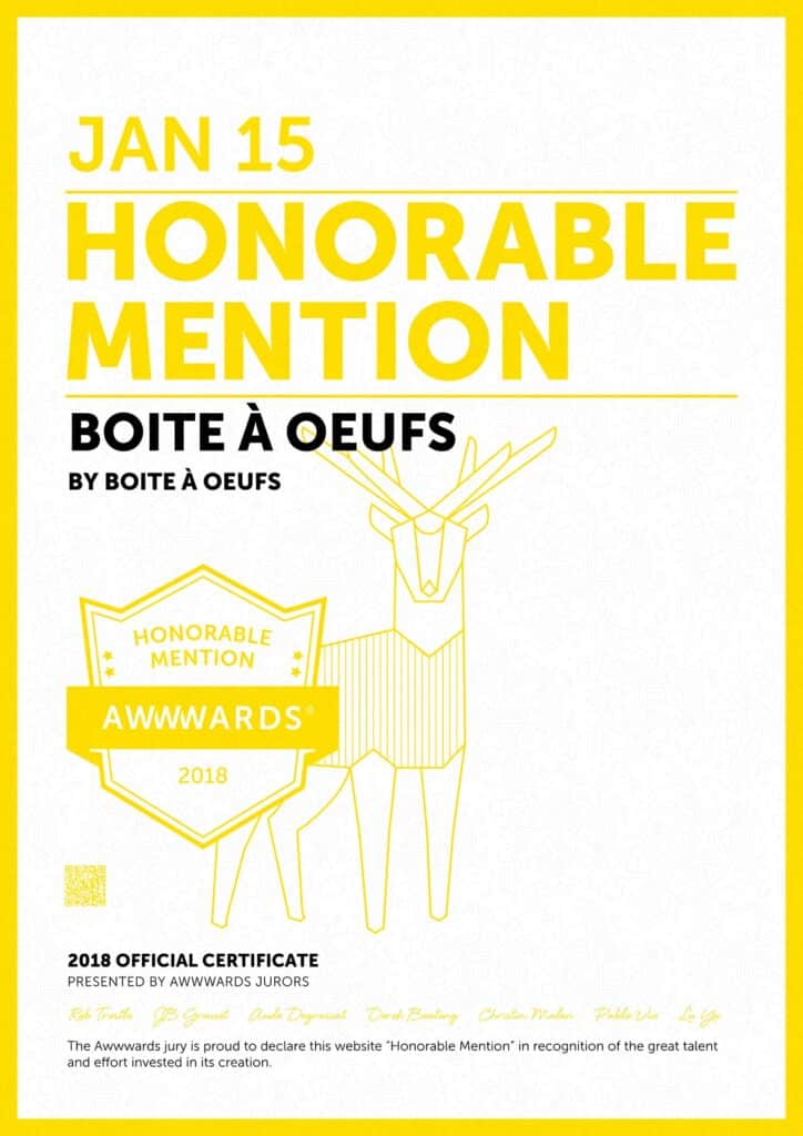 2018 01 15 AWWWARDS Boite a Oeufs Honorable Mention - Boite à Oeufs récompensé
